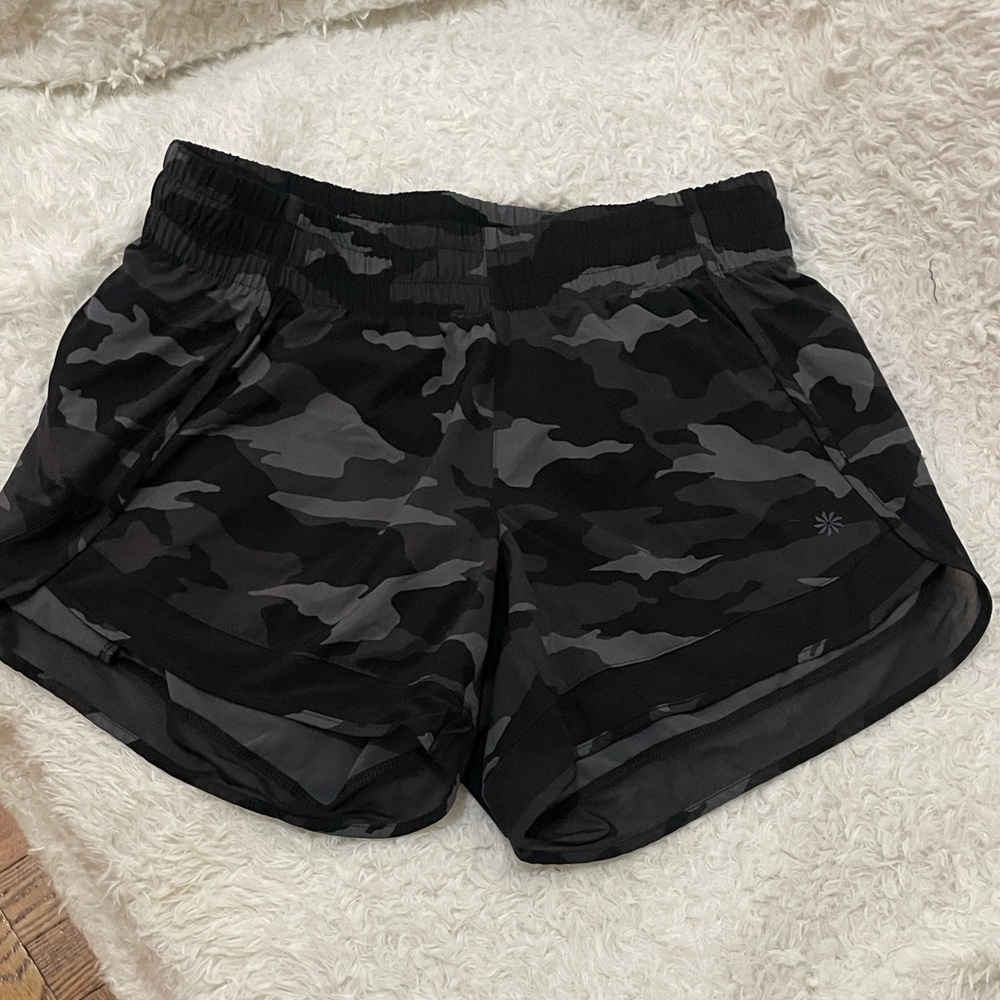 Athleta Black Camouflage Mesh Racer Shorts